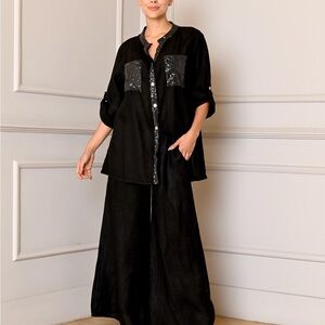 Palazzo Linen Pants with Pockets | Black | Made In Italy